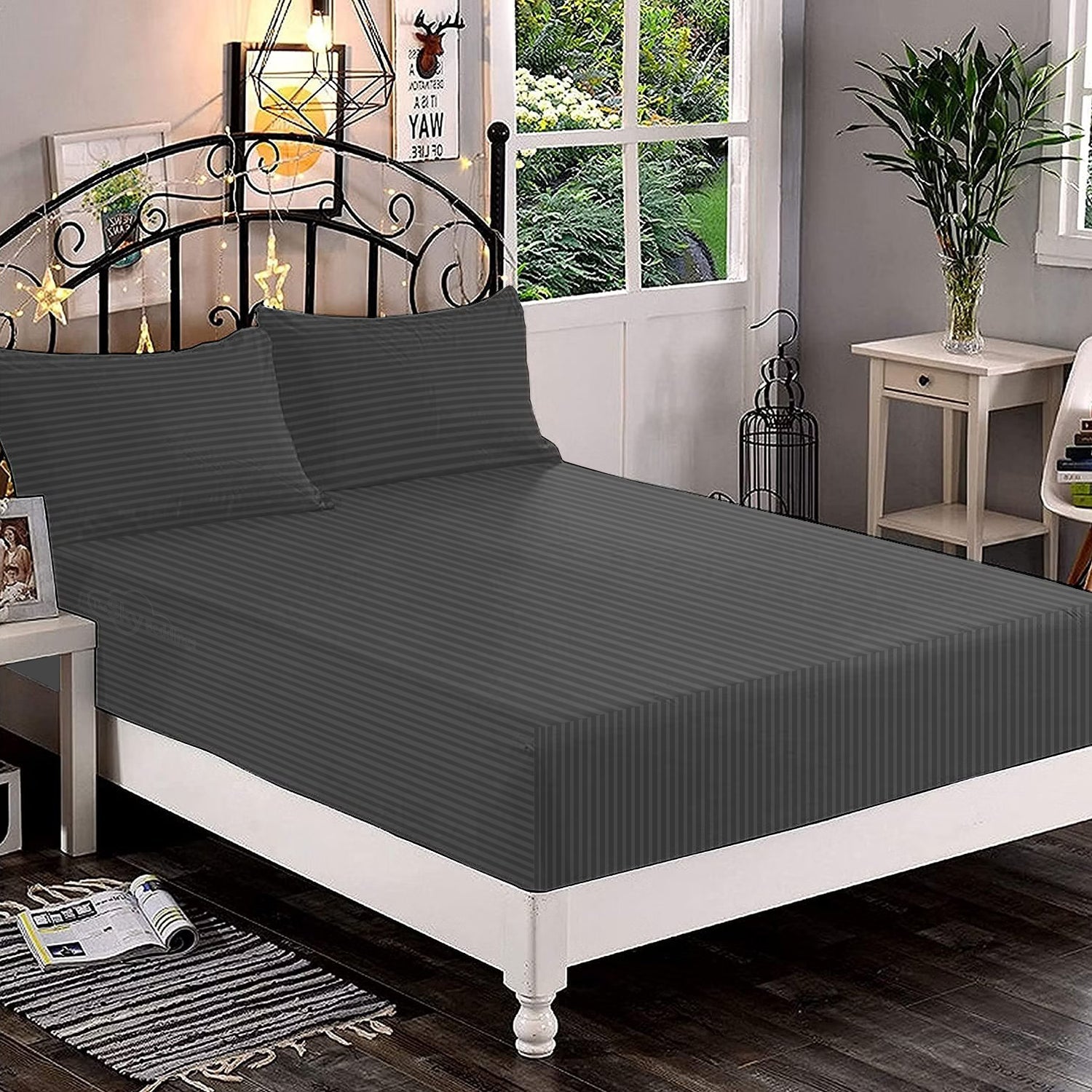 Dark Grey Stripe Fitted Bed Sheet